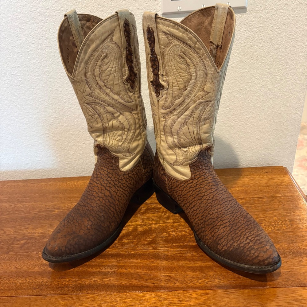 Rodeo Rider Cowboy Boots Mens 9.5 Brown Cream Bullhide Leather Western 1077 5
